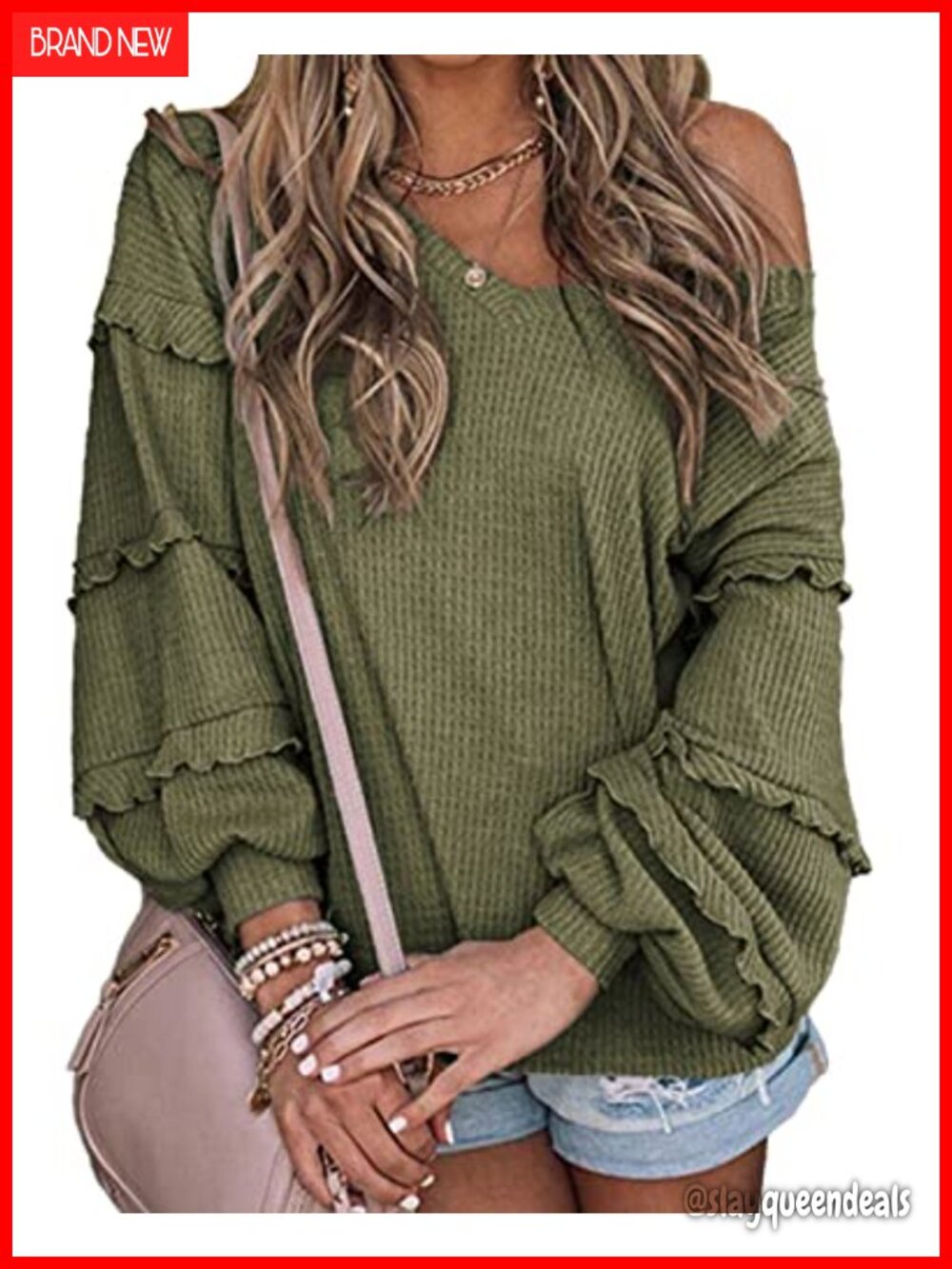 Waffle Knit V Neck Ruffled Long Sleeve Blouse